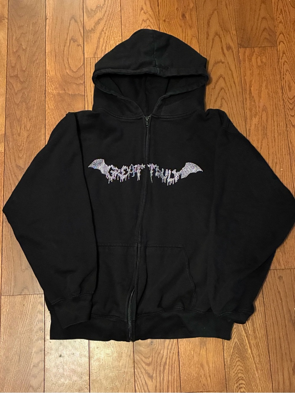 Black Zip Hoodie with Glitter Bat Graphic
